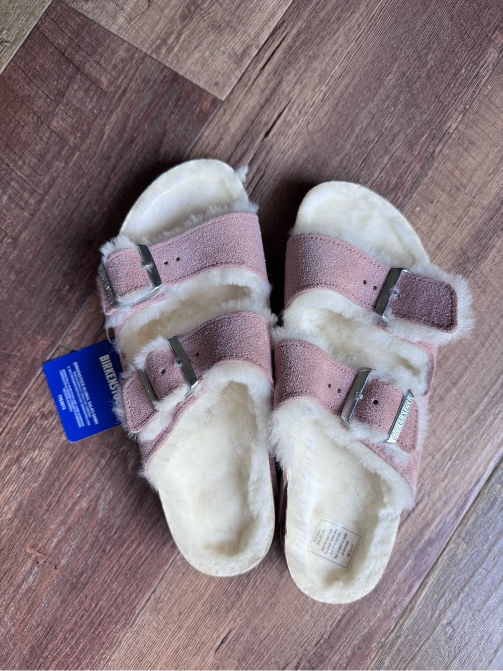 Birkenstock Pink Suede Shearling Two-Strap Sandals